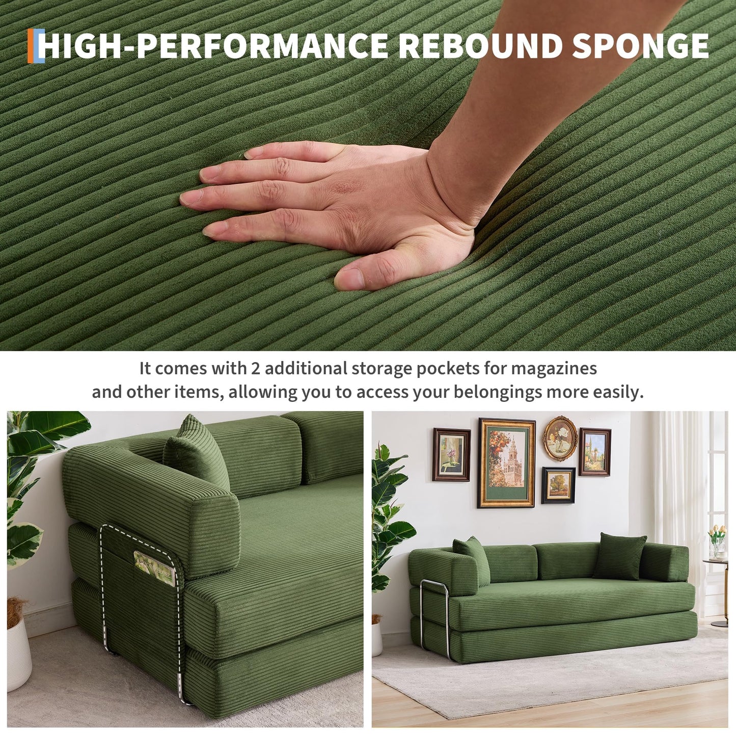 GarveeLife 78.8" Modular Corduroy Sofa Bed,5 in 1 Convertible Futon Floor Couch with Pull-Out Sleeper,Multi-Functional Futon for Living Room Guest Room & Small Spaces