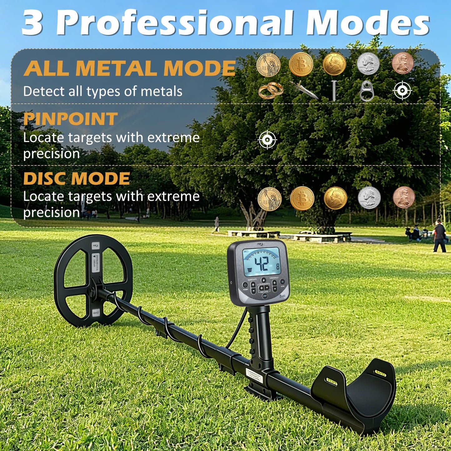 WenMia Metal Detector for Adults Waterproof DD Coil Up to 16 Inch Depth with 5 Detection Modes and Pinpoint for Coins Jewelry Beach and River
