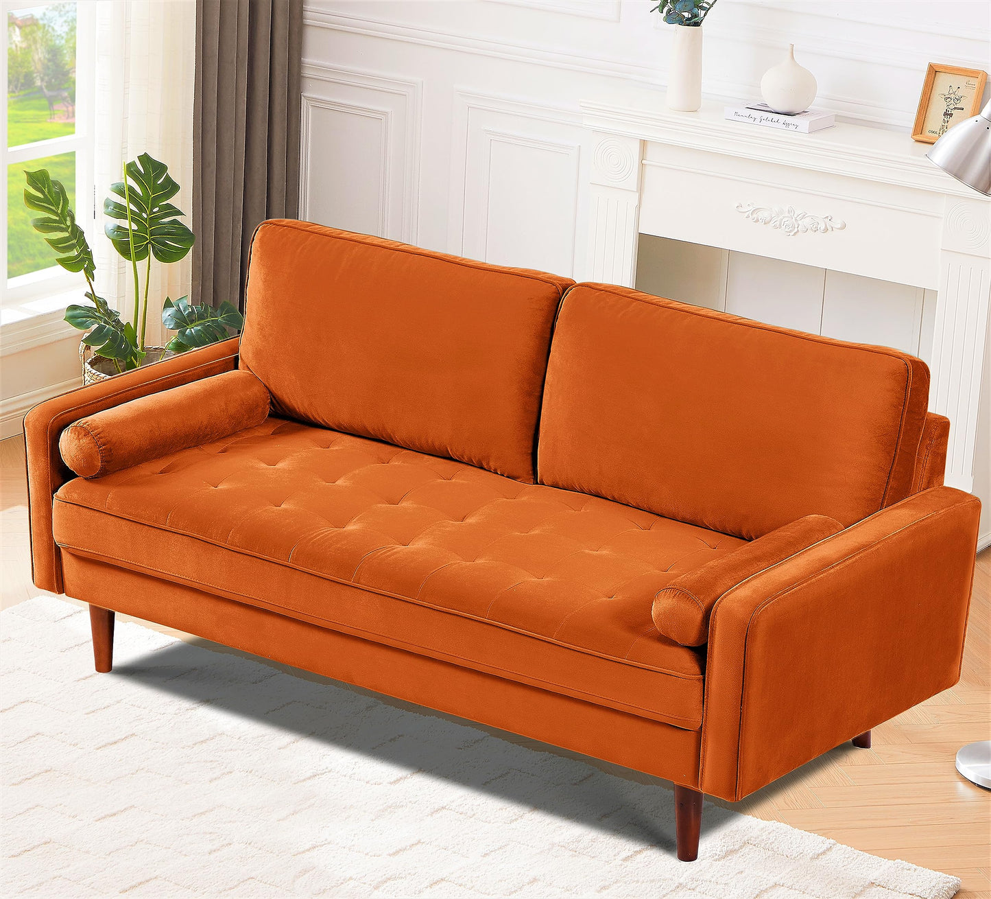Container Furniture Direct Velvet Tufted Sofas for Living Room, Classic Mid-Century Style with Modern Silhouette, Button Tufting and Wood Legs, Includes 2 Bolster Pillows, Loveseat, Orange