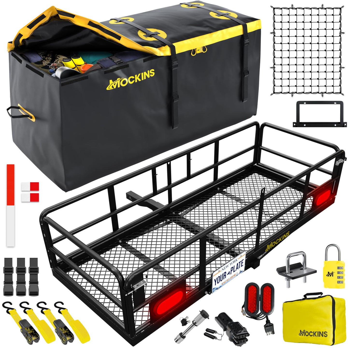 Mockins 60"x24"x14" High Rail Car Trailer Hitch Cargo Carrier w/Rear Lights, Plate Bracket & 30 CuFt Waterproof Hitch Cargo Bag | 500 Lbs. Cap Weatherproof Folding Luggage Rack for SUV Car Truck & RV
