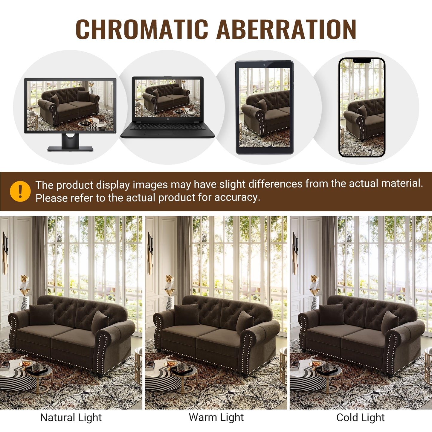KEIKI 3-Piece Chesterfield Sofa Set with 1 Velvet 3-Seater Sofa & 1 Loveseat & 1 Single Sofa, 6-Seater Couch Set with Nailhead Trim & Rolled Arms & 1 Ottoman & 6 Pillow, for Living Room, Brown