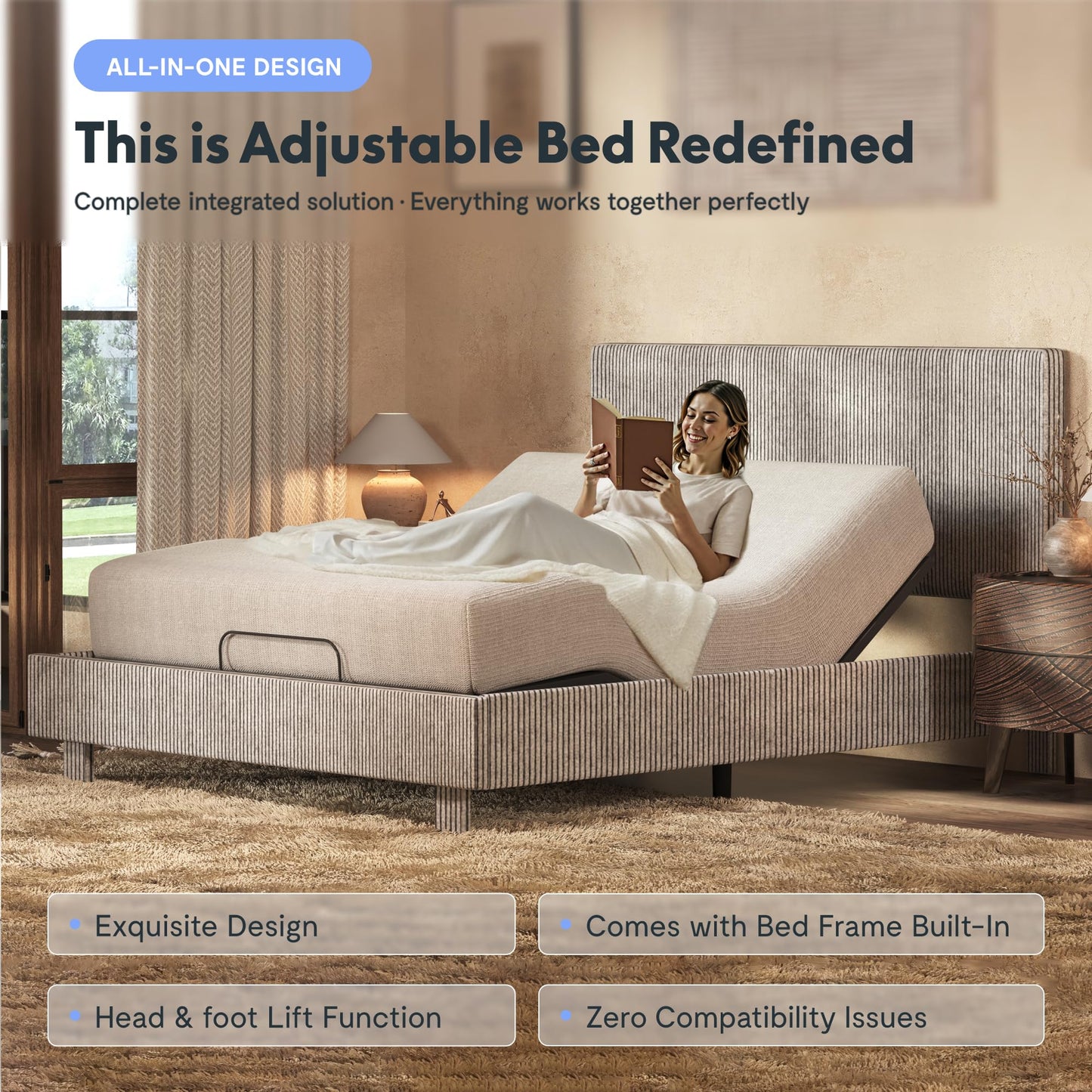 FLEXISPOT Queen All-in-One Adjustable Bed with Velvet Upholstered Bed Frame, Vertical Channel Fluted Headboard, Head & Foot Lift, Adjustable Headboard, Thick Foam Padding, Easy Assembly, Light Grey