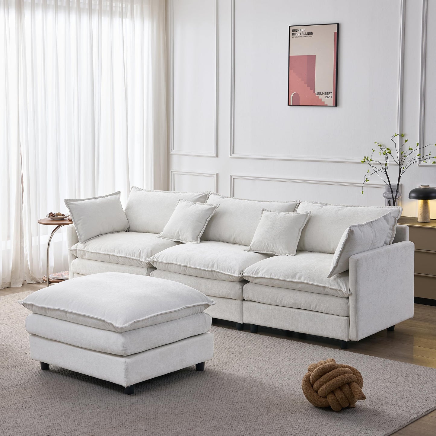 KEIKI 3 Seater Chenille Modular Sectional Couch Sofa with Ottoman, Double-Layer Seat Cushions & Back Cushions, Modern L-Shape Upholstered Cloud Soft Sofa Couches Chaise Lounge for Living Room