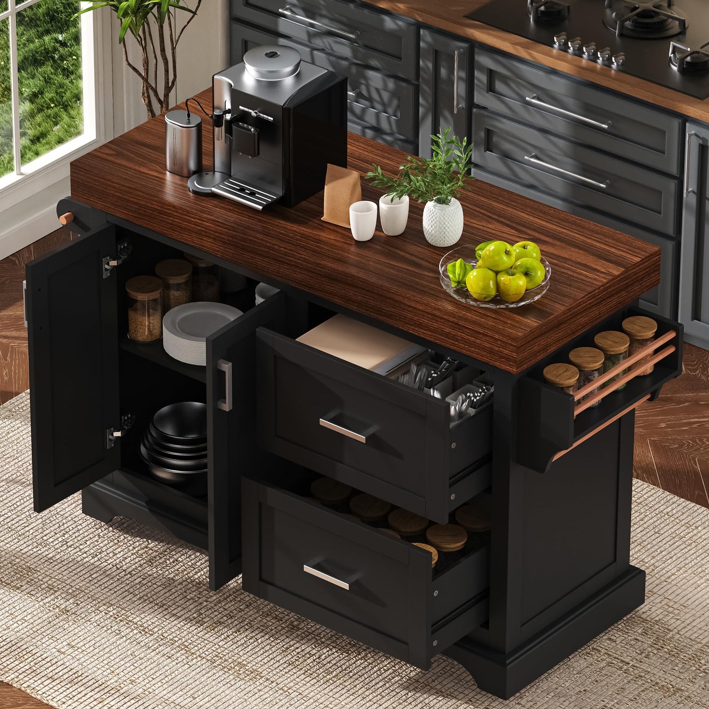 Trygoal 53.2" Rolling Kitchen Island with Storage, 3.5" Thick Countertop, Spice Rack, Towel Rack, Drawer & Cabinet - Mobile Kitchen Cart on Wheels for Kitchen, Dining Room, Black