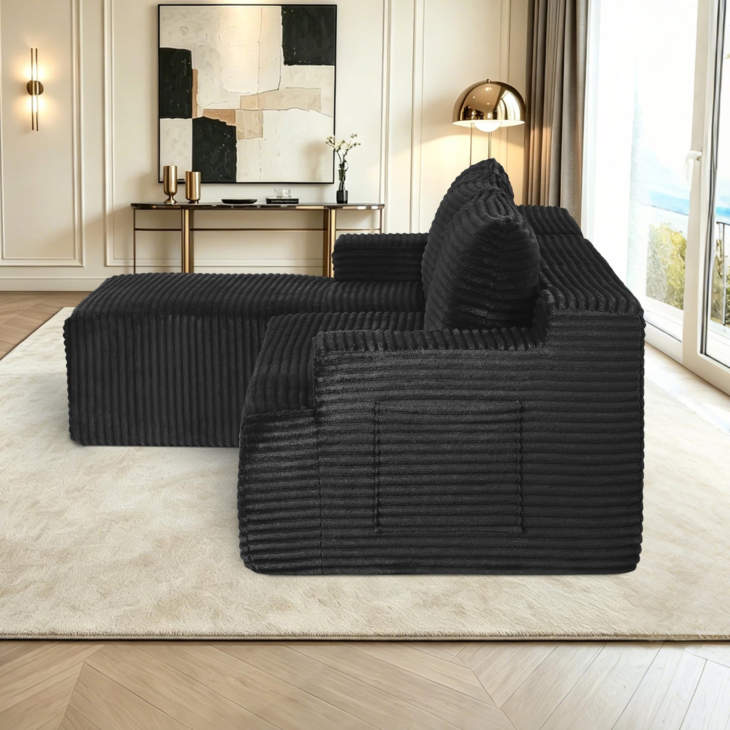 96" L Shaped Cloud Sectional Couch with Chaise, Deep Seat Modular Sectional Sofa Corduroy Memory Foam Sofa Boneless Couches for Living Room Bedroom, No Assembly Required
