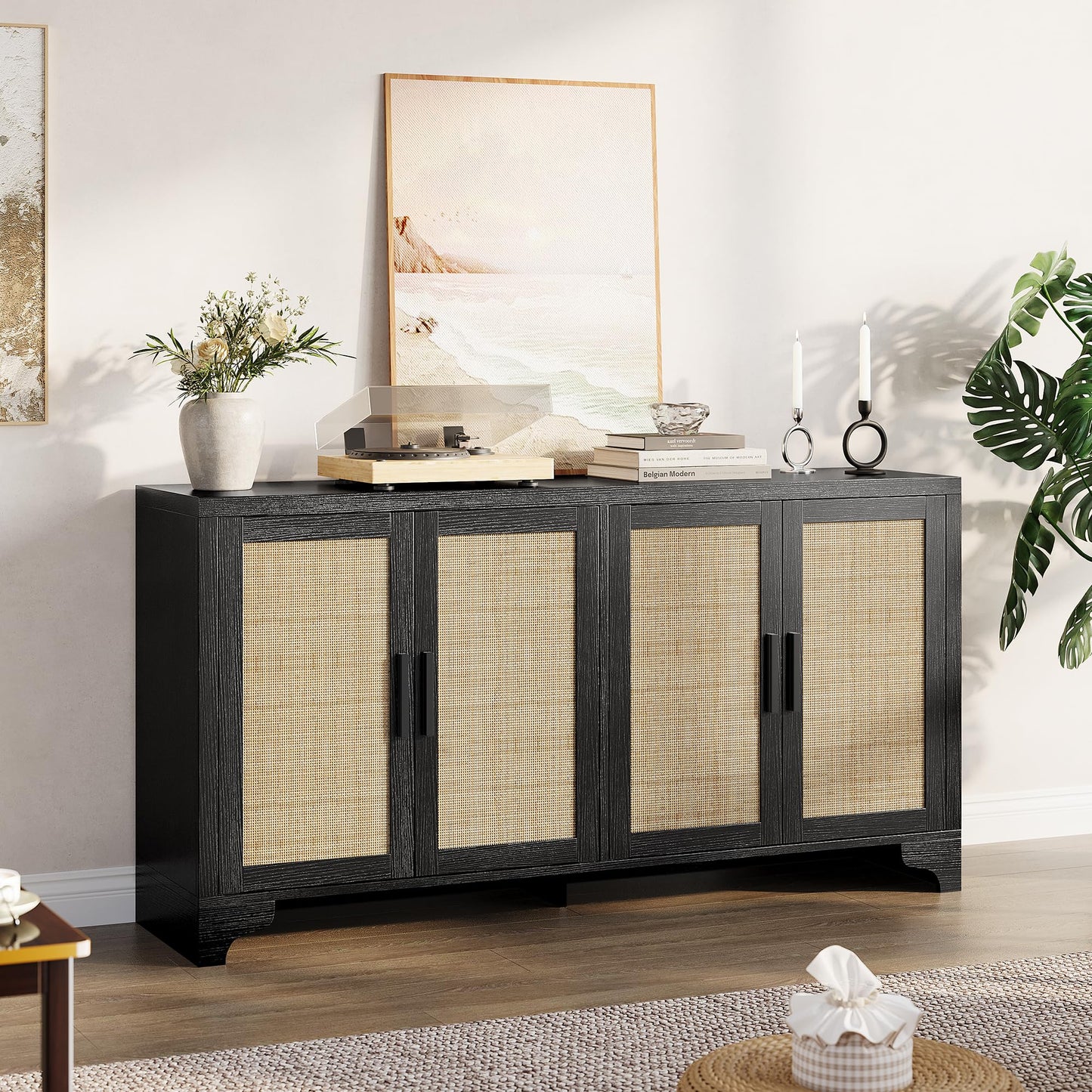 IDEALHOUSE Natural Rattan Sideboard Buffet Cabinet with Storage, Farmhouse Large Rattan Cabinet with 4 Doors, Wood Accent Coffee Bar Buffet Console Tables for Kitchen Living Room Entryway