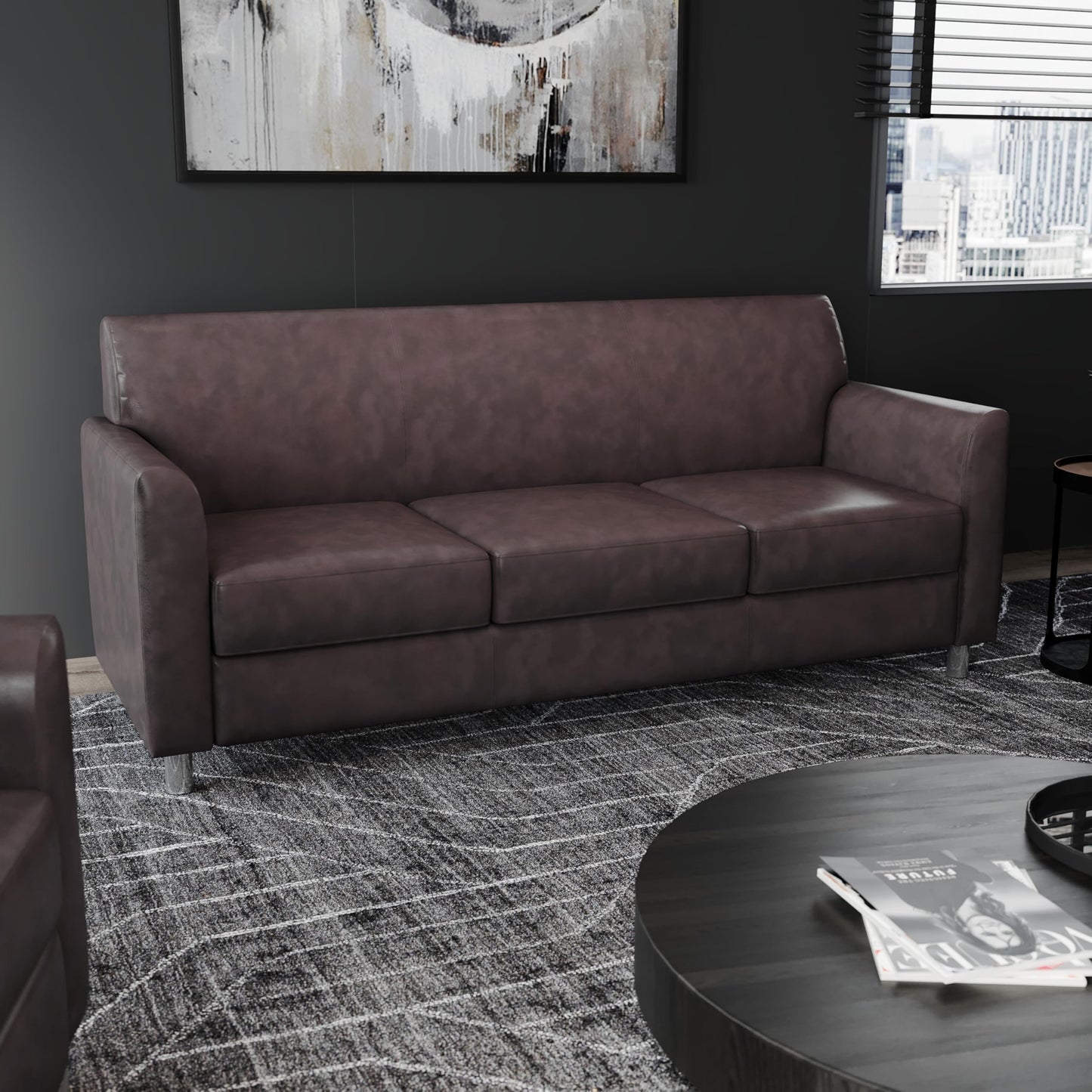Flash Furniture Hercules Diplomat Side Reception Sofa with Chrome Legs, Lobby Chair with Cushions and Flared Arms, Brown LeatherSoft