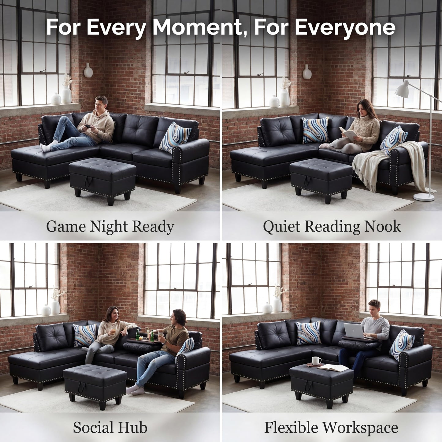 Topcomfy Leather L Shaped Sectional Couches for Living Room - 97.5“ x 69.5" Modular Sectional Sofa with Storage Ottoman, 4 Seat Home Sofa Living Room Furniture Sets with Chaise for Apartment, Black