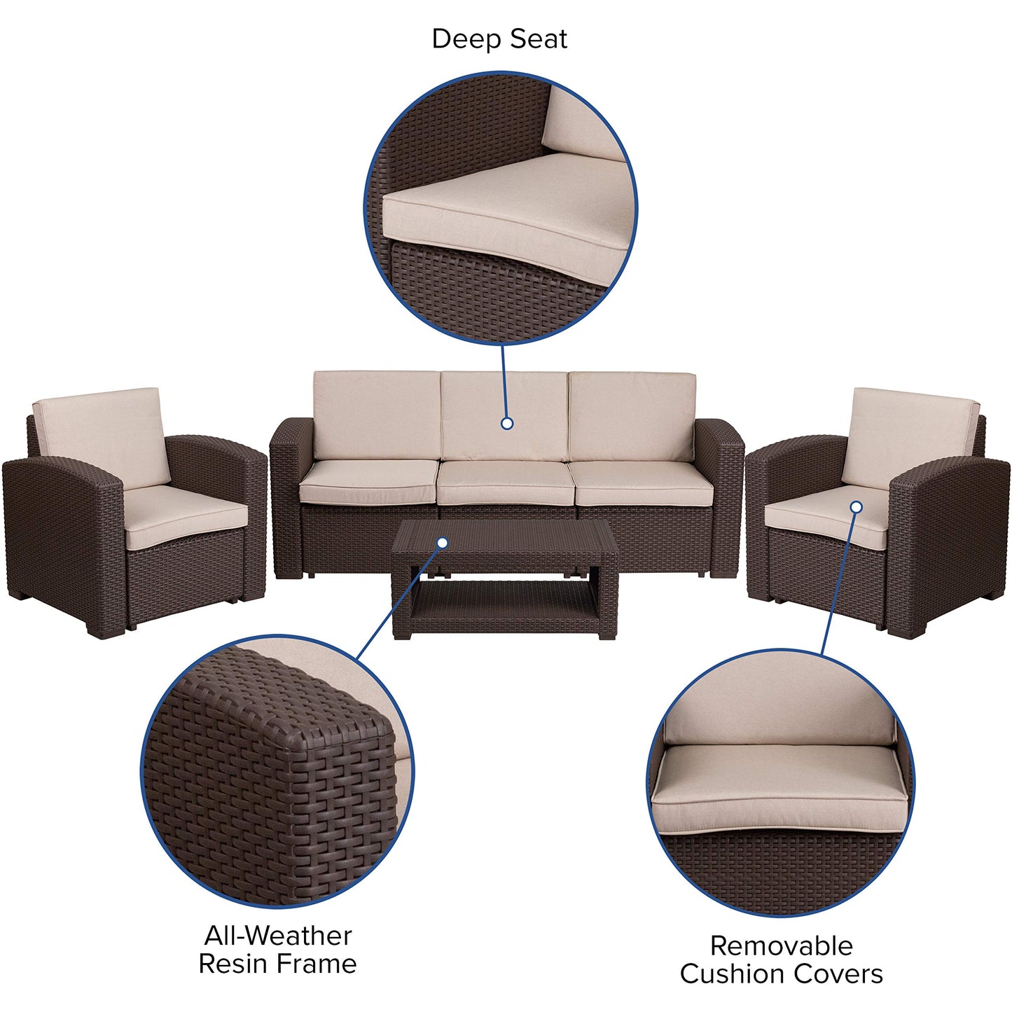 Flash Furniture 4 Piece Outdoor Faux Rattan Chair, Sofa and Table Set in Chocolate Brown
