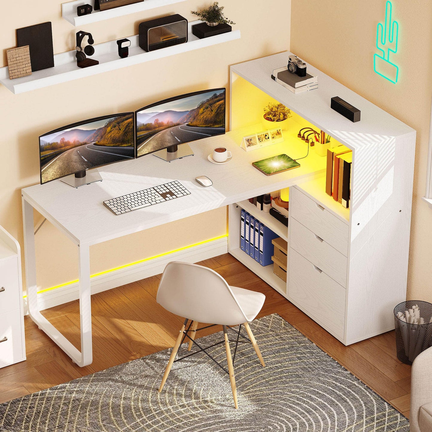 YITAHOME L Shaped Desk with Power Outlets, 55" Computer Desk with Drawers & Bookshelf, Home Office Desk with LED Lights, Corner Desk with File Cabinet, White