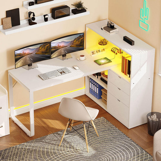 YITAHOME L Shaped Desk with Power Outlets, 55" Computer Desk with Drawers & Bookshelf, Home Office Desk with LED Lights, Corner Desk with File Cabinet, White
