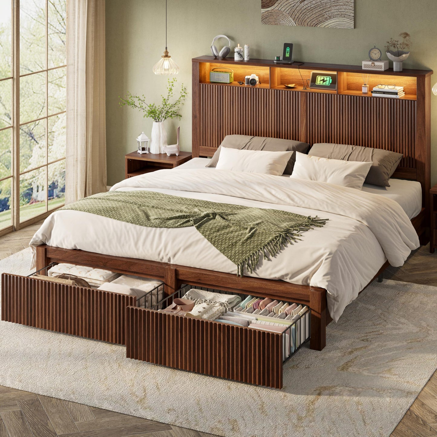 CypBed King Size Bed Frame and Headboard& 2 Storage Drawers, King Bed Frame with LED Light and Charging Port, Farmhouse Wavy Design, Wood & Metal Platform, Noise-Free, No Box Spring Needed, Walnut