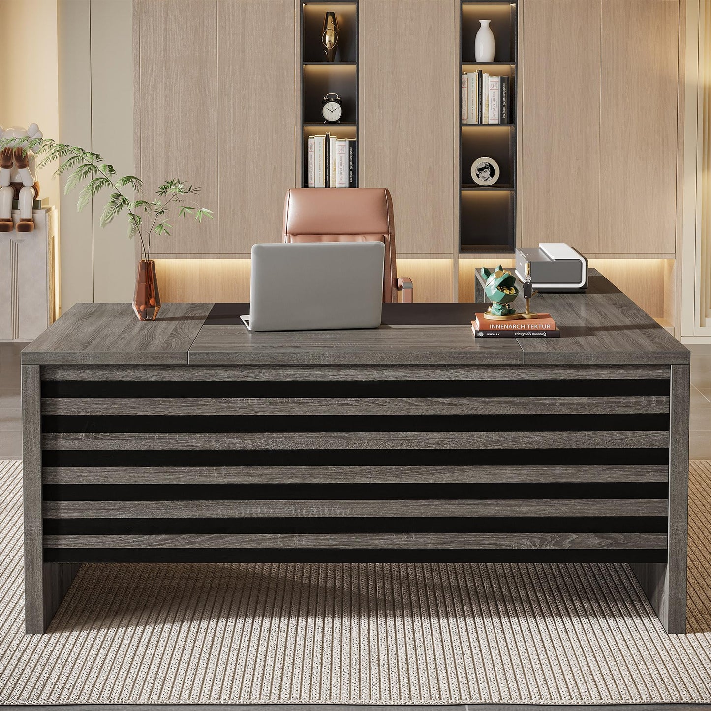Tribesigns 62.2" Executive Desk with Mobile File Cabinet, L-Shaped Office Desk with Storage Shelves, Large Computer Table Business Workstation Set for Home Office, Grey