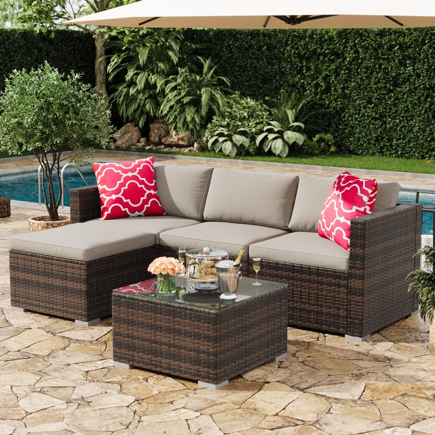 MilleLoom 5-Piece Outdoor Sectional Sofa Set, All-Weather PE Rattan Patio Furniture with Ottoman & Tempered Glass Table, Convertible Garden Couch for Backyard, Porch, Poolside (Brown/Light Gray)