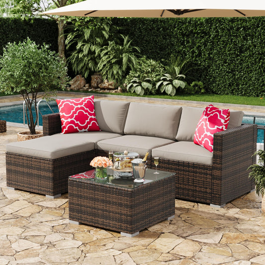 MilleLoom 5-Piece Outdoor Sectional Sofa Set, All-Weather PE Rattan Patio Furniture with Ottoman & Tempered Glass Table, Convertible Garden Couch for Backyard, Porch, Poolside (Brown/Light Gray)