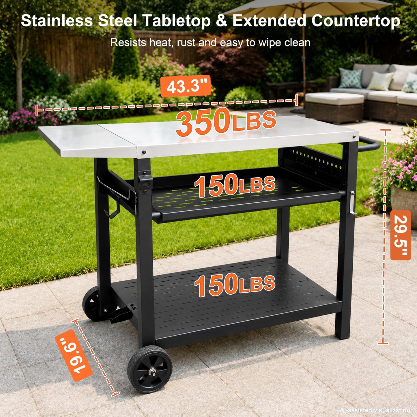 Outdoor Grill Cart for Blackstone/Ooni/Ninja, 43.3"x20" Stainless Steel Outdoor Grill Table with Propane Tank Mount & Wheels, Movable Outdoor Cooking Table with Storage for Pizza Oven, Patio, Camping