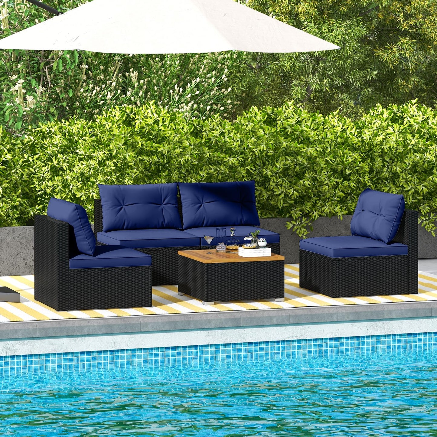 Tangkula 5 Pieces Wicker Patio Furniture Set, Outdoor 4 Armless Rattan Sofa & Coffee Table Set, with Cushions, Acacia Wood Tabletop, Sectional Patio Conversation Set for Lawn, Yard, Poolside, Navy