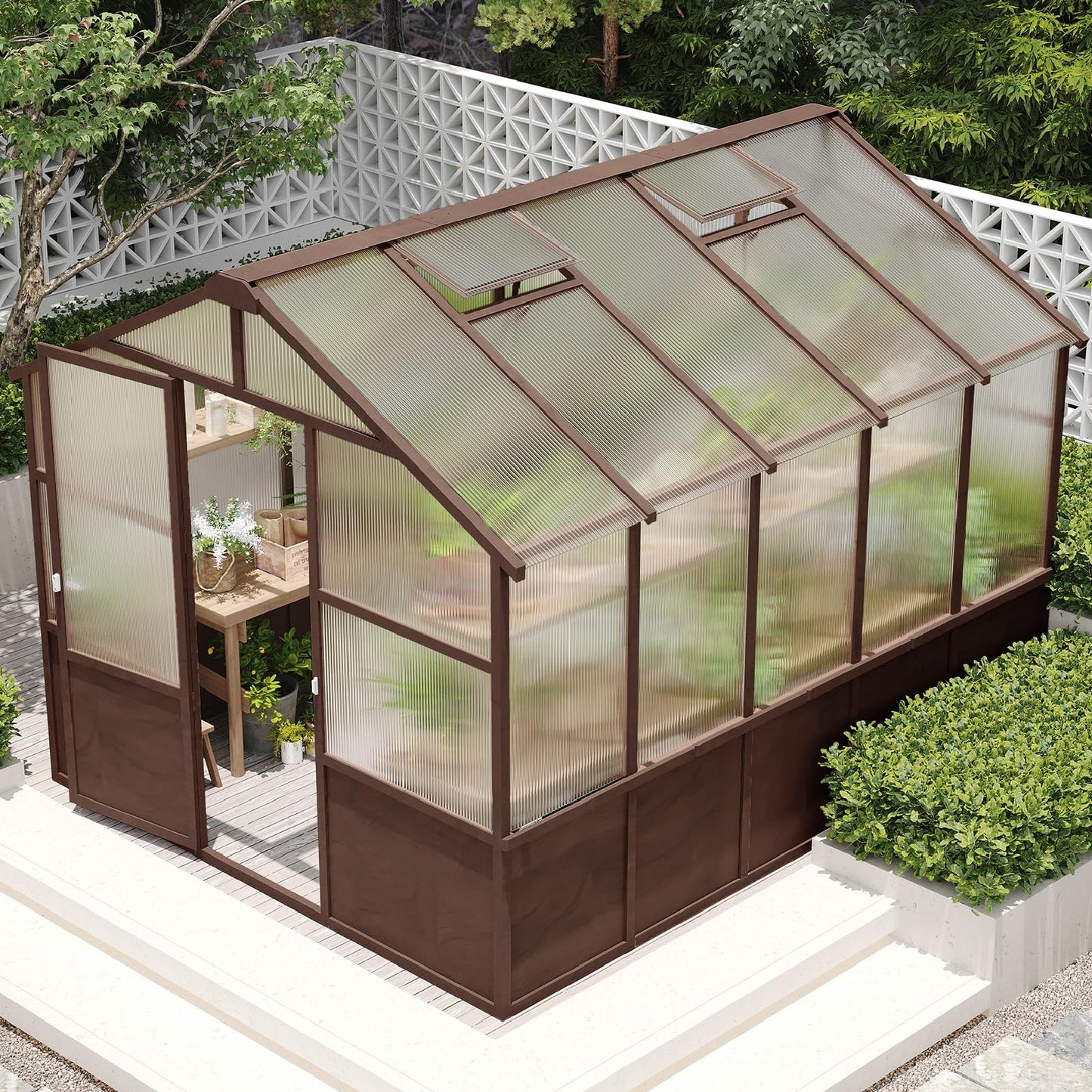 KEIKI 8x10 FT Greenhouse Outdoor, Thick Polycarbonate Greenhouses with Wood Frame, Walk-in Gardening Green House for Outside Patio Backyard, Lockable Door & Ajustable Roof Vent, Easy Assembly, Walnut