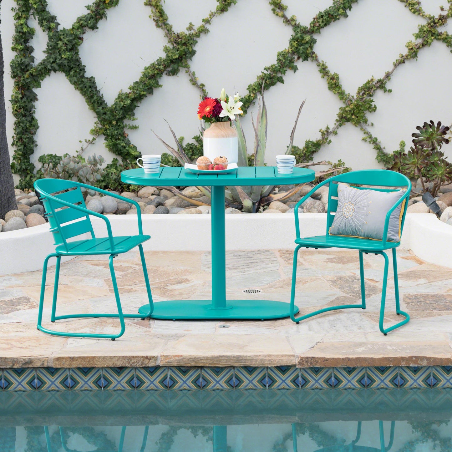 Christopher Knight Home Adley Outdoor Bistro Set, 3-Piece Bistro Table and Chair Set of 2, Patio Furniture Set with Iron Frame, Outdoor Metal Bistro Dining Set, Poolside/Garden Cafeteria, Teal