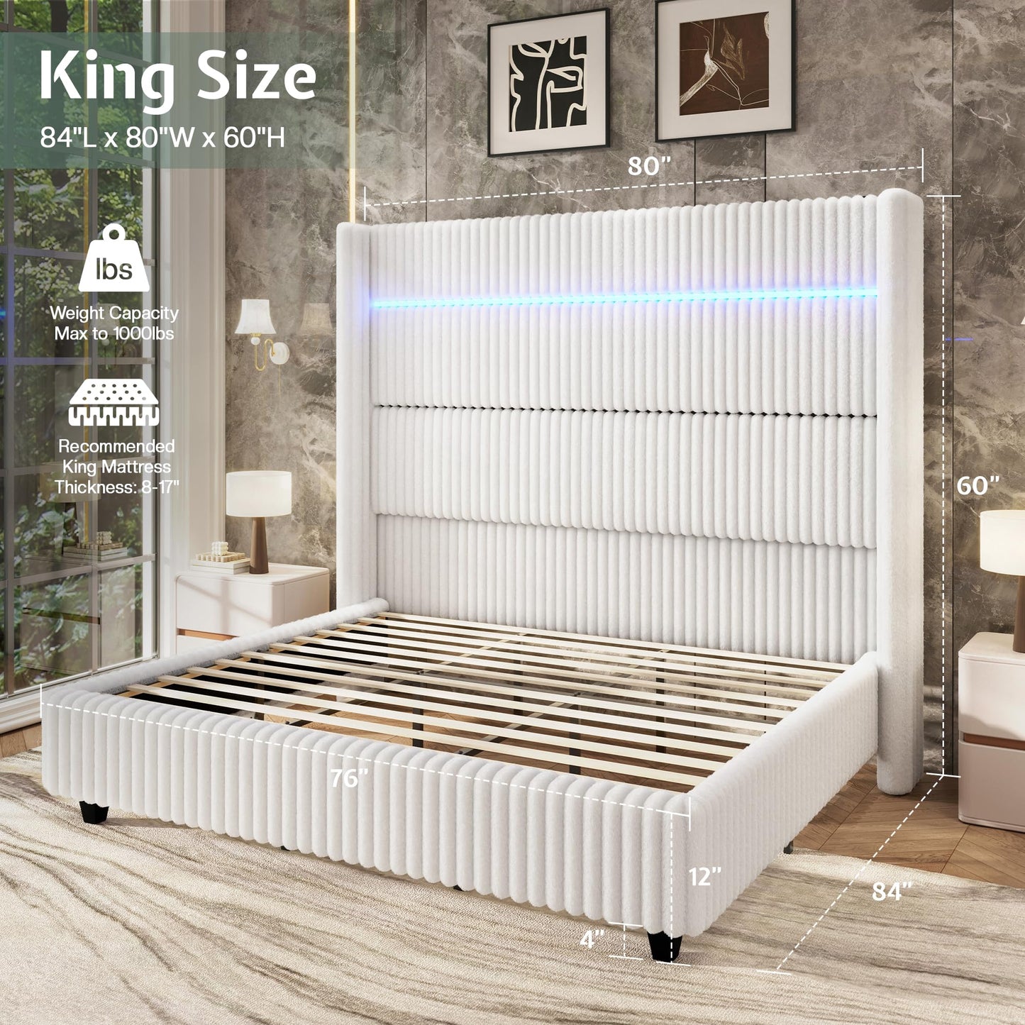 Jocisland King Faux-Fur Upholstered Bed Frame with 60" Wingback Headboard, Built-in LED/Charging, Noise-Free, Easy Assembly, No Box Spring, for Family with Kids/Pets & Luxury Bedroom, White