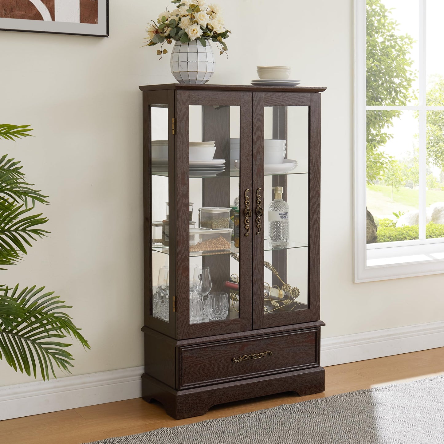 KEIKI 47" Glass Display Cabinet with Carved Metal Handle & Adjustable Shelves, Storage Curio Cabinet with 2 Door & 1 Drawer, 3-Tier Showcase Display Case, Easy Assembly, for Living Room, Cherry