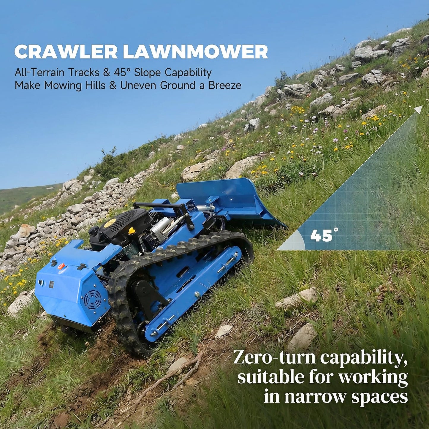Remote Control Lawn Mower with Snow Plow Attachment–700m Range, Hybrid Gas-Electric Power, Track Design, All-Terrain, Adjustable Cutting Height (0.79-5.9 inches)