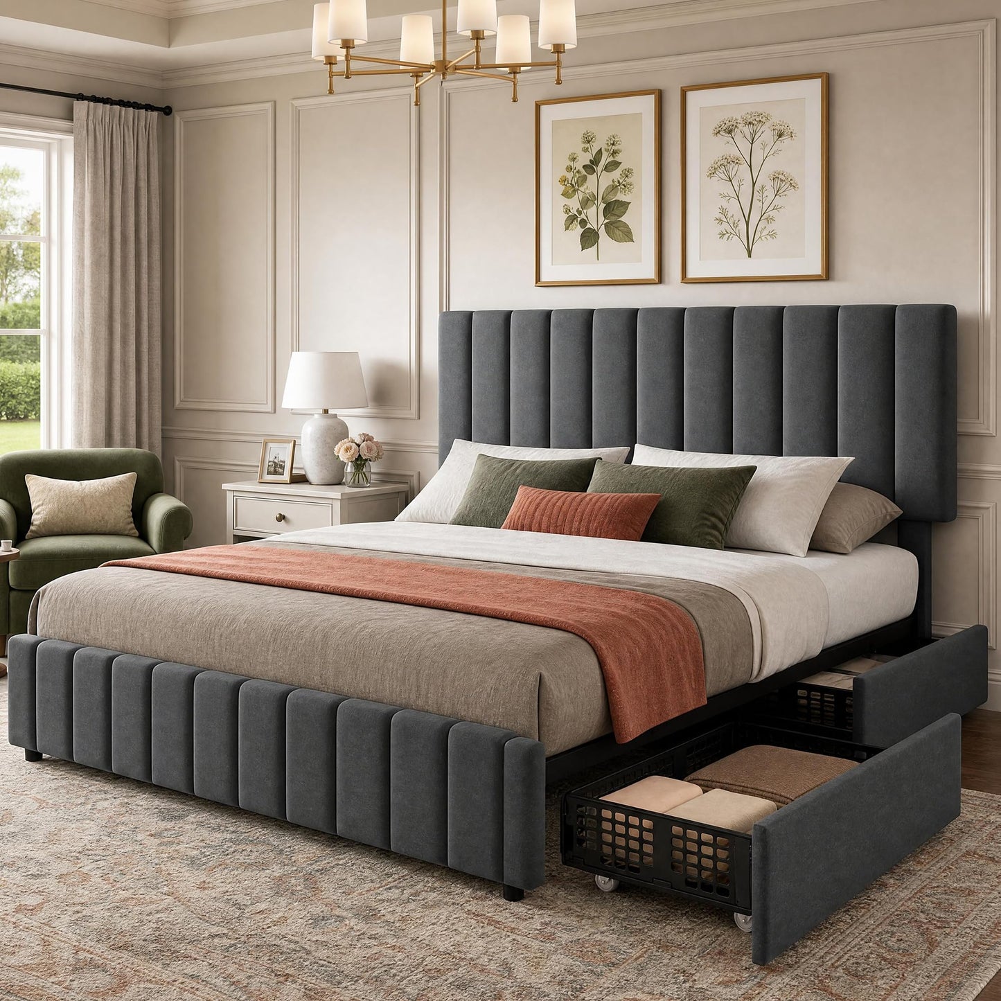 Garvee King Size Bed Frame, Linen Upholstered Platform Bed Frame with 4 Storage Drawers, Adjustable Height Headboard, No Box Spring Needed, Easy Assembly, Grey
