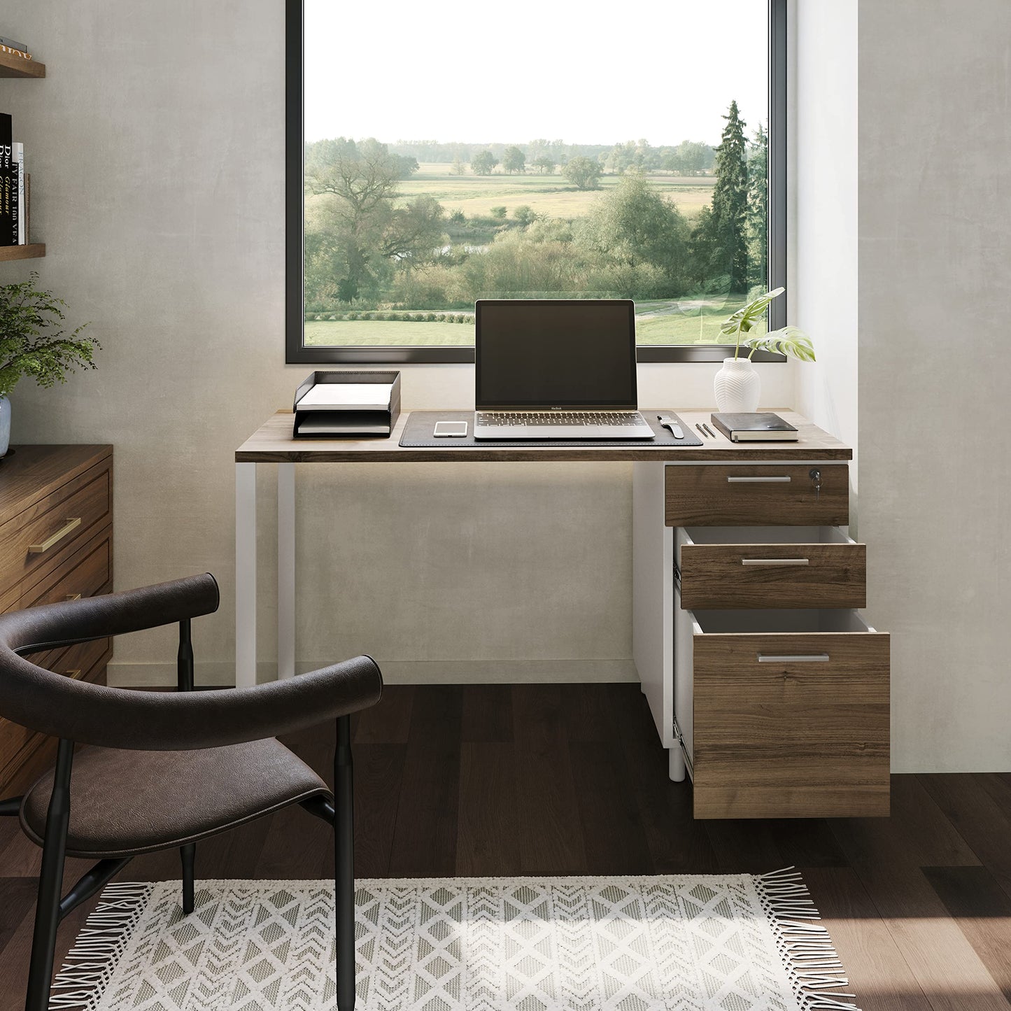 Modern Design Milano Office Desk with 3 Locking Drawers, 48 Inch White and Walnut Industrial Wood Desk with Filing Drawer and Storage, by Crafts and Comfort