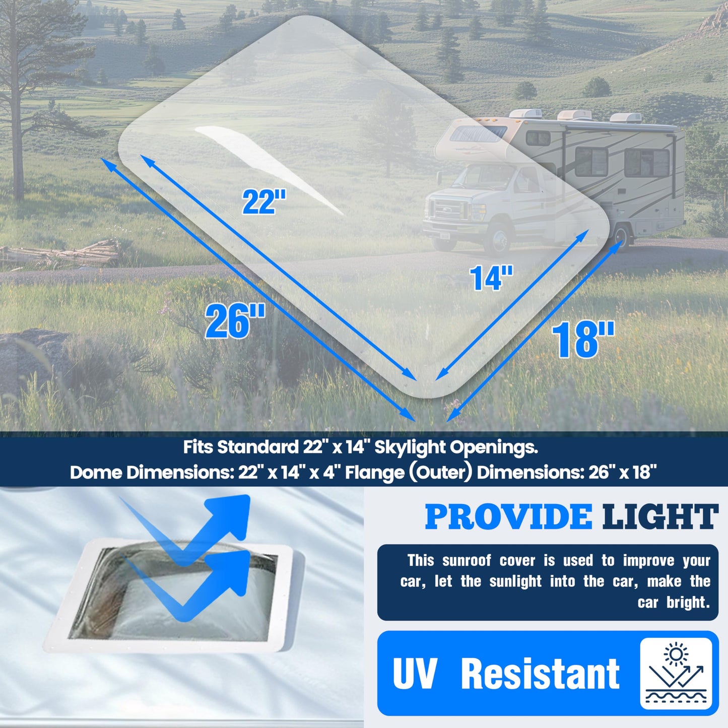 Kojem RV Skylight Cover Universal Outer Dome Replacement Kit 18in x 26in Clear Plastic Model LYAP-770-2