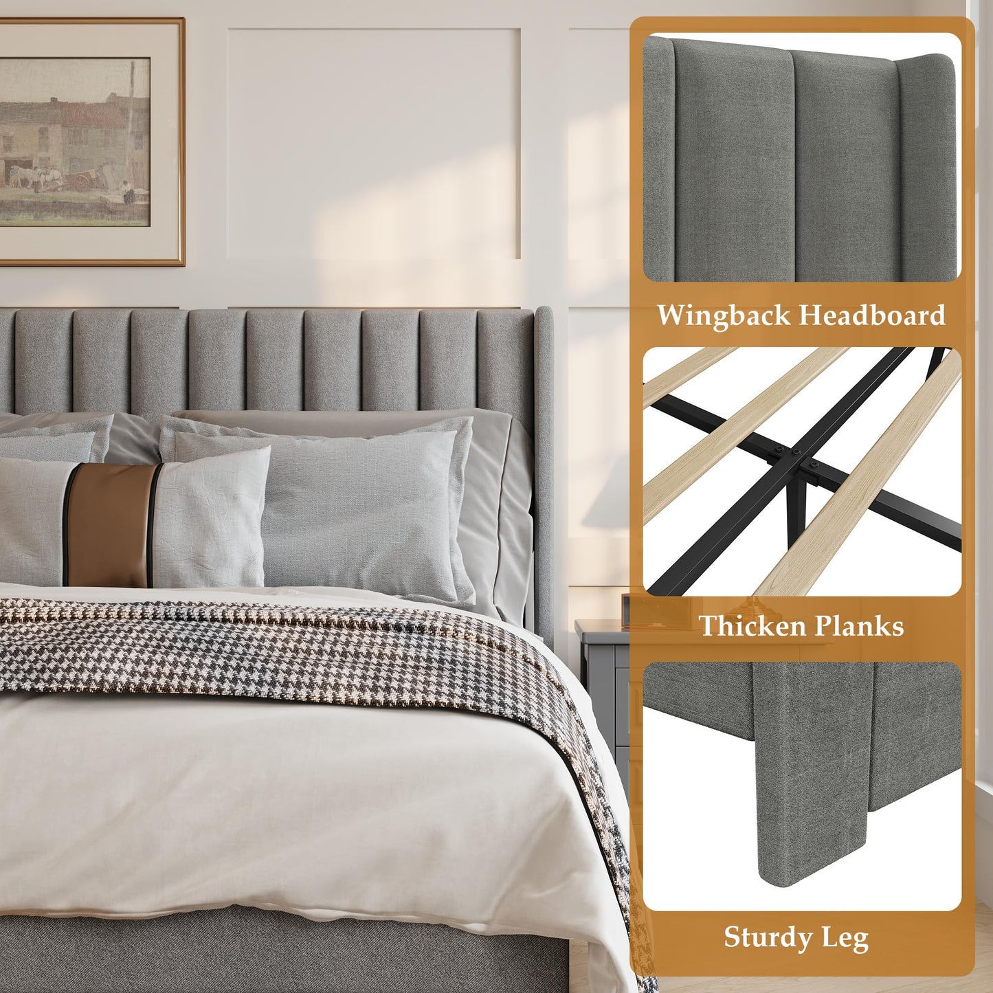 GarveeHome Queen Size Bed Frame, Bed Frame Upholstered Platform Bed with Velvet Headboard, Wing Edge Design, 2 Storage Drawers, No Box Spring Needed, Grey
