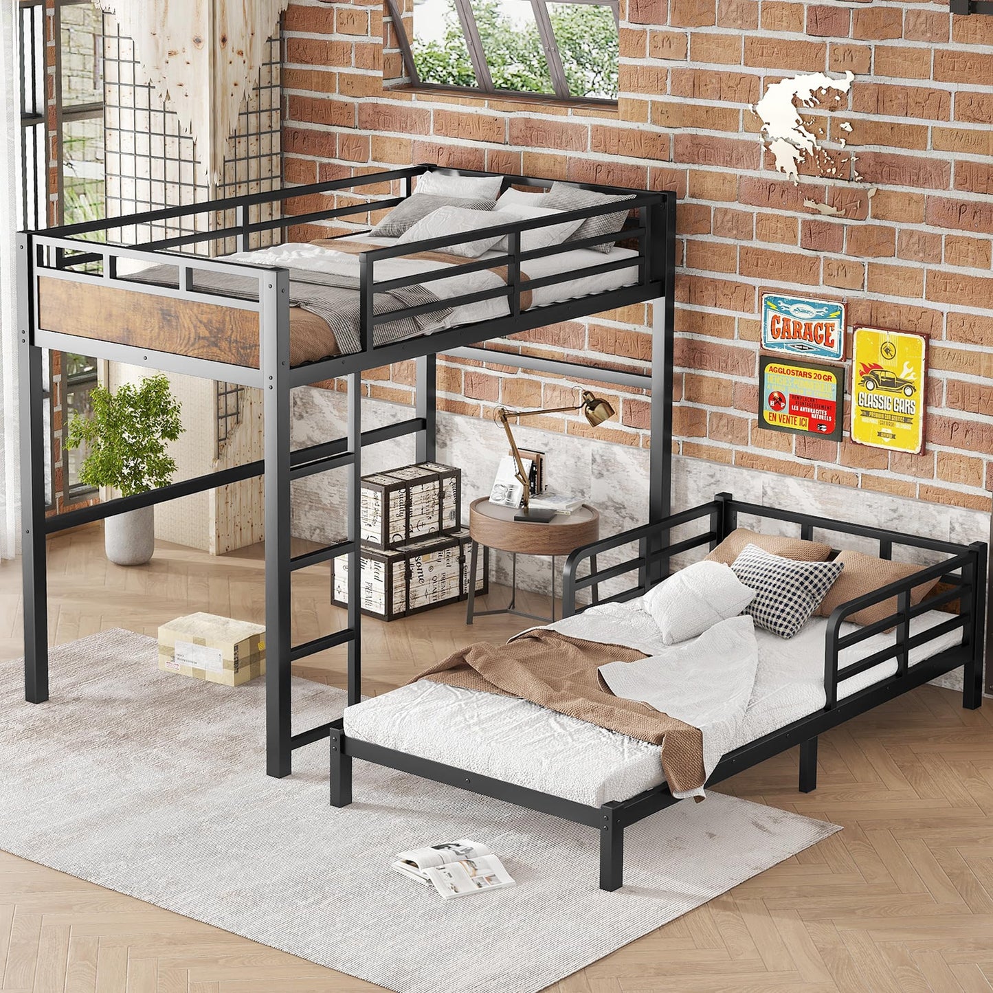Twin XL Over Twin XL Metal Bunk Bed, Heavy Duty Convertible Bunk Bed Frame with Headboard & Full Guardrails, Can Be Split into Two Platform Beds or Loft Bed,Vintage