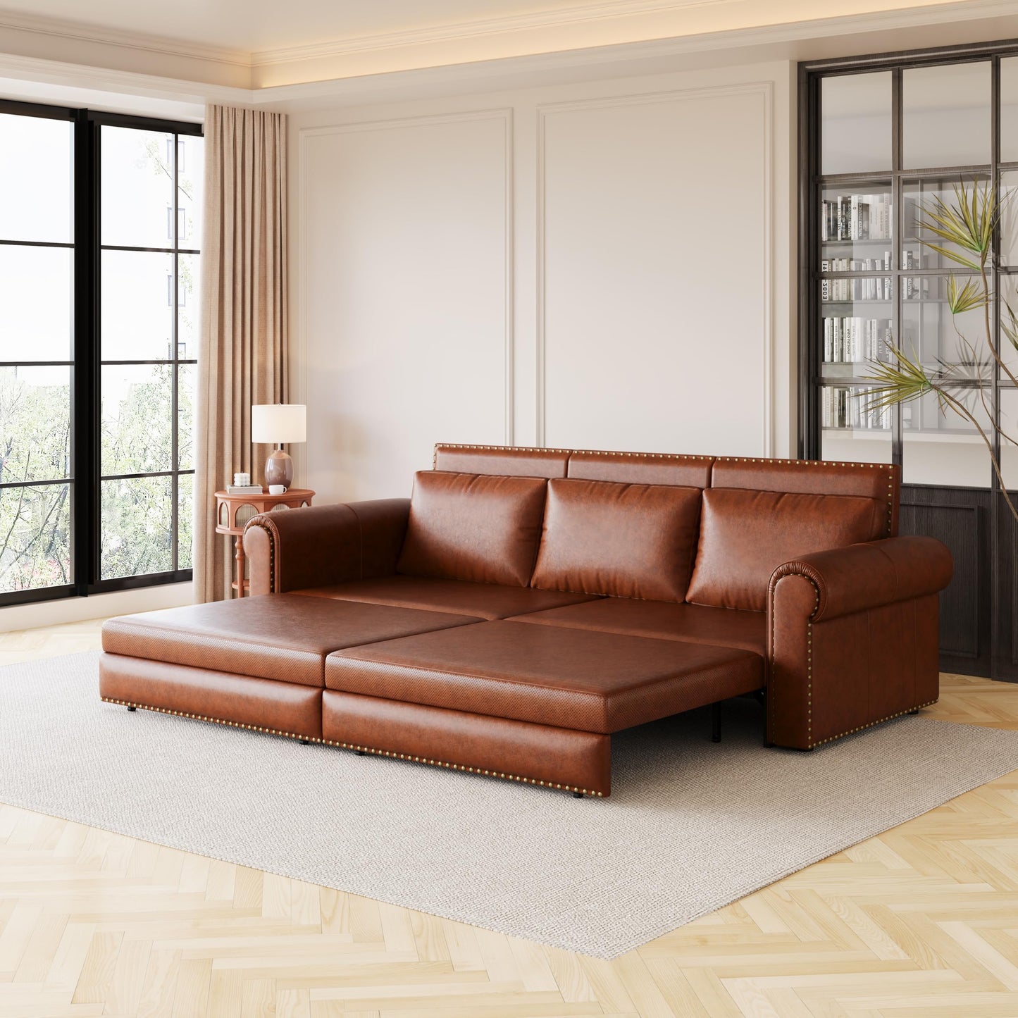 Ball & Cast 3-in-1 Convertible Sofa Bed,93.7" Faux Leather King Pull Out Couch Bed, Loveseat Sleeper Sofa with Nailhead Trim & Rolled Arm,Multi-Functional Sofa Couches for Living Room,Brown