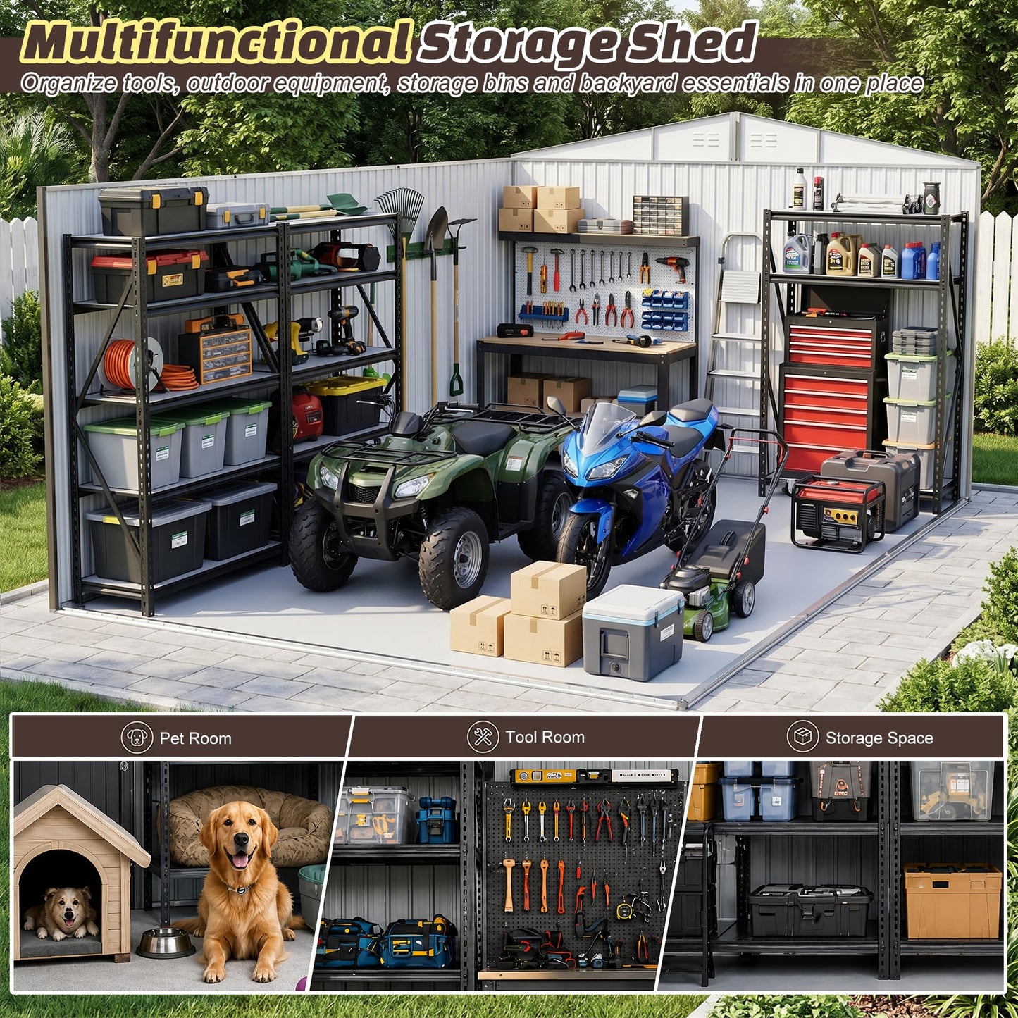 PABIMIA 12X20 FT Outdoor Storage Shed with Windows, Metal Garden Shed with Lockable Double Doors, Weather-Resistant Backyard Tool Shed for Patio, Lawn, Pool Supplies, Bikes & Outdoor Equipment