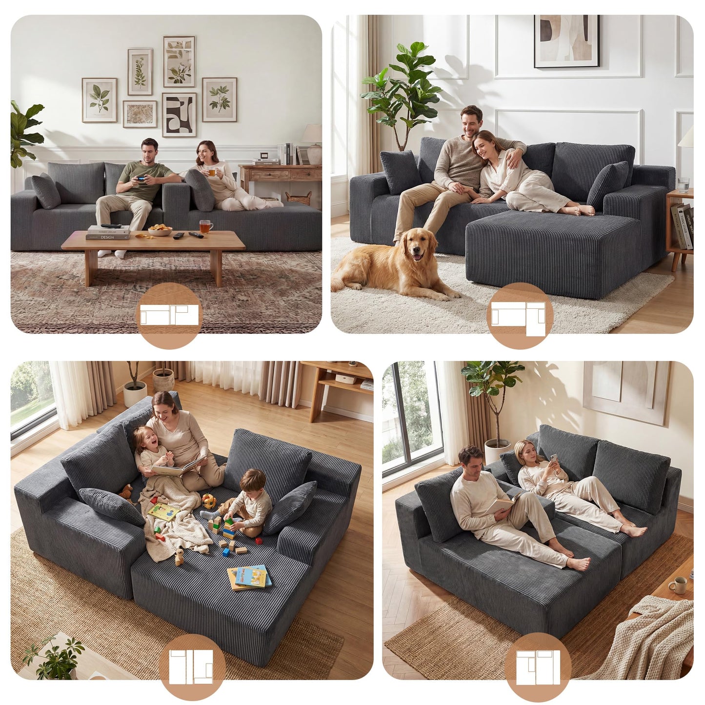 GRUSIGN Cloud Sectional Boneless Couches for Living Room, Modular L Shaped Couch with Deep Seat Oversized Right Facing Chaise, Memory Foam Compressed Spineless 3 Seater Sofa, Grey