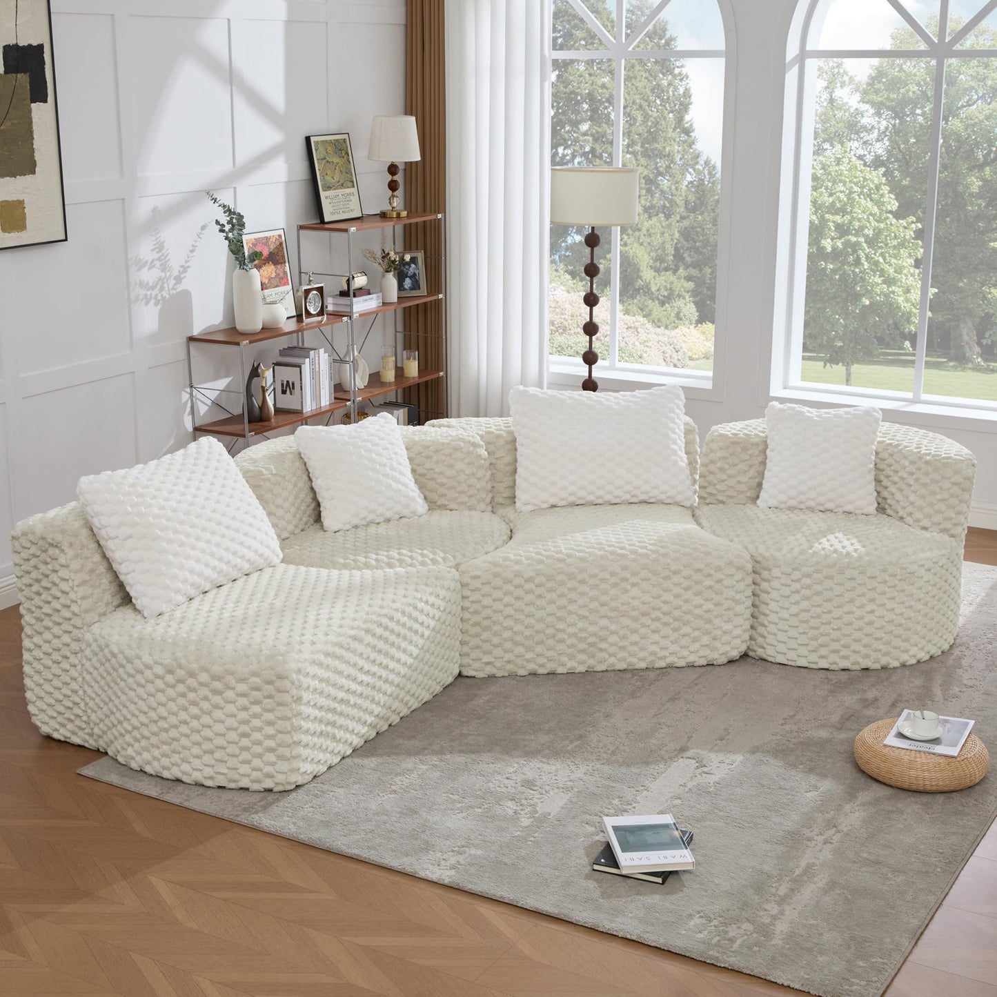 Merax 138" Curved Modular Sectional Sofa Set, Compressed 4 Seat Bubble-Velvet Boneless Sectional Couch Sofa with Deep Seat & Pillow, Comfy Cloud Soft Couches for Living Room, Easy Assembly, Grey