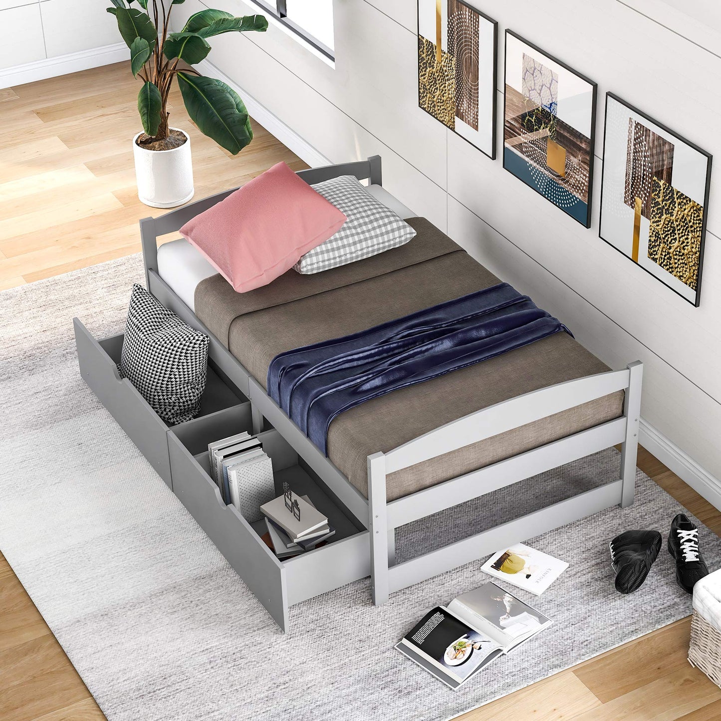 Merax Classic Solid Wood Day Bed with Storage Drawers Platform Bed for Living Room Beedroom Twin Grey