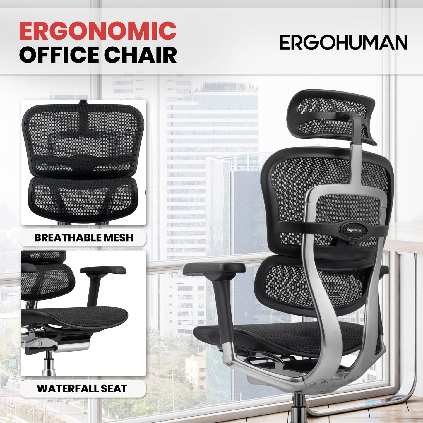 Ergohuman Eurotech ME7ERG GEN2 High Back Mesh Office Chair with Tilt Tension Control, Tilt Lock, Back Angle, Back Height, Synchro Tilt, Seat Height, Seat Depth, and Arm Height Adjustments, Black