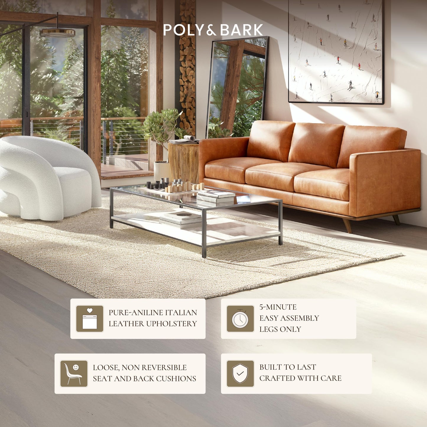 POLY & BARK Nolita 85” Leather Sofa – Full-Grain Italian Aniline Leather, Feather-Down Comfort, Solid Wood Base – Cognac Tan