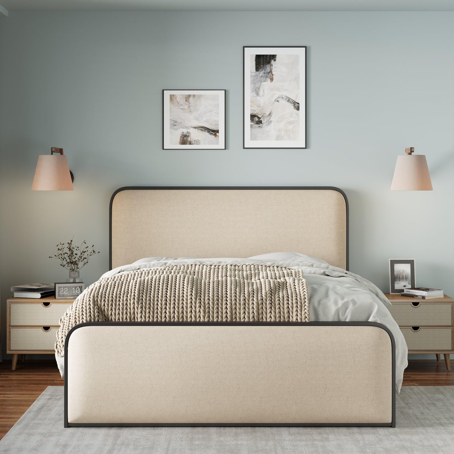 Merax Metal Platform Bed Queen Size with Curved Upholstered Headboard and Footboard, Queen Bed Frame with 8" Storage Space Under Bed, Heavy Duty Metal Slats, No Box Spring Needed, Easy Assembly, Beige