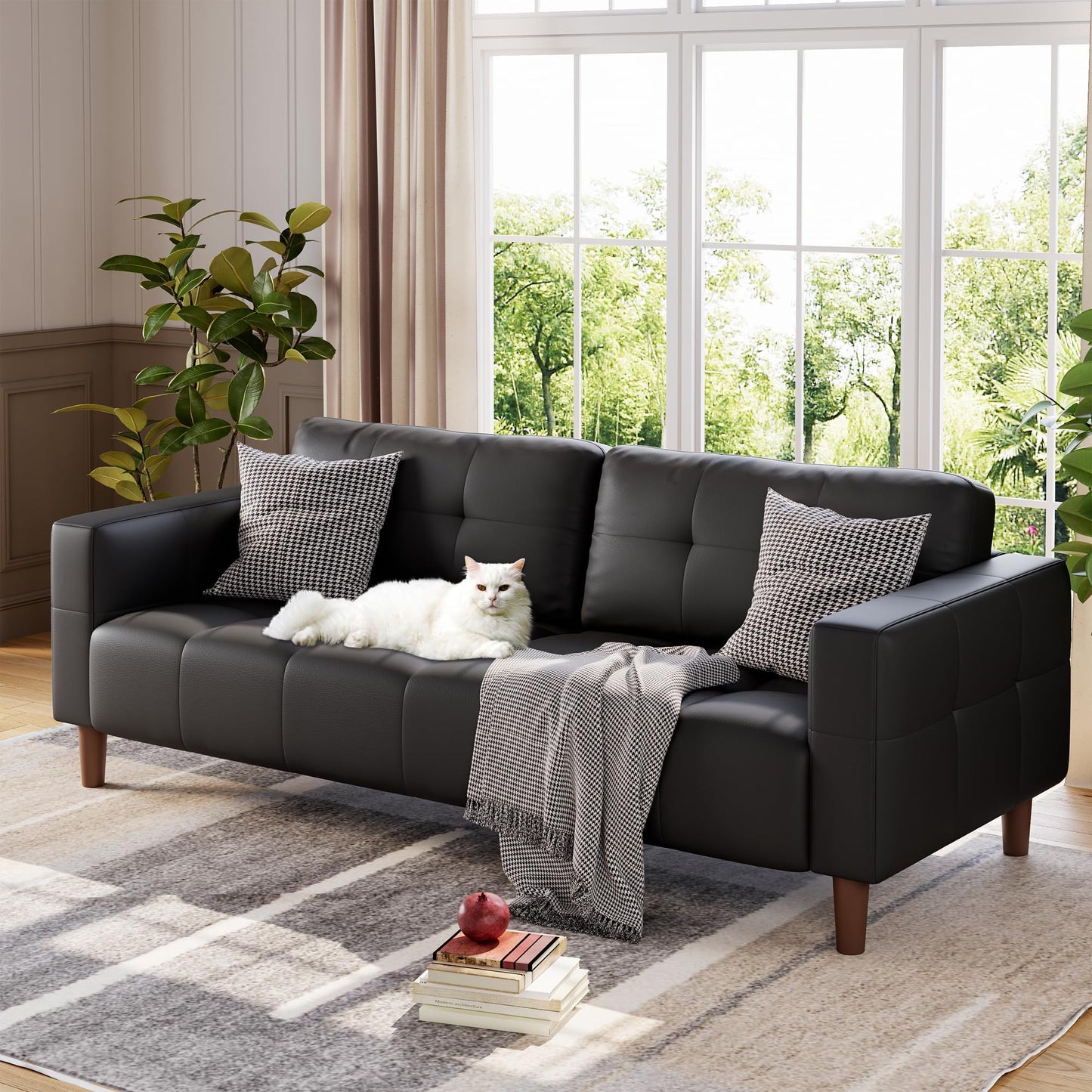 IDEALHOUSE 83” Black Faux Leather Couch, 3 Seater Sofa Couches with 2 Removable Back Cushions for Living Room, Large Mid Century Modern Office Apartment Couch (Black)