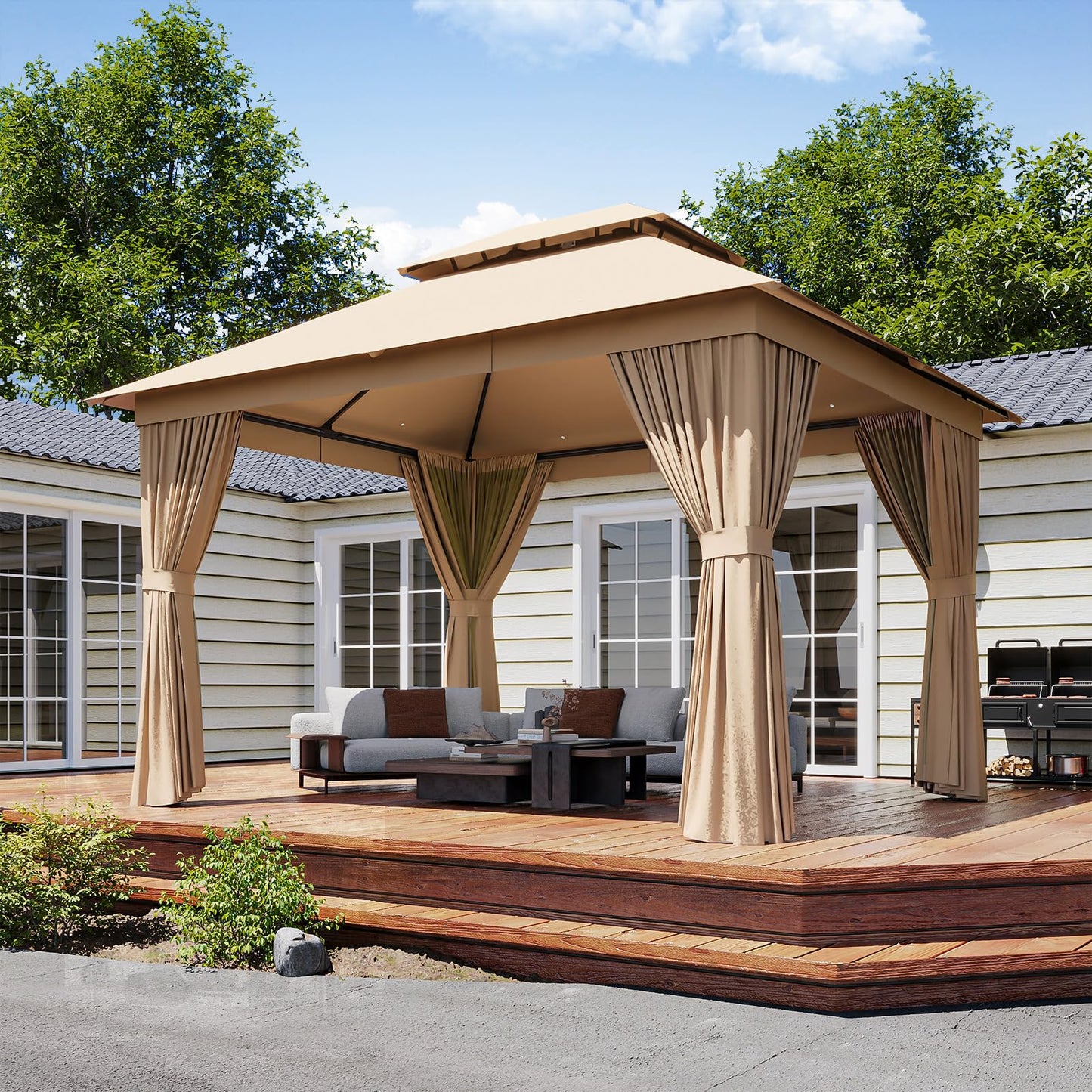 Outdoor Gazebo Metal Frame Patio Pergola Double Roofs Patio Canopy with Double-Layer Door and Mosquito Netting for Deck, Backyard, Lawn (Beige, 10x12FT)