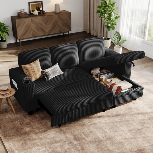 LINSY HOME Sectional Sleeper Sofa with Pull Out Couch Bed - Convertible Plush Corduroy Cloud Couch with Storage Chaise & USB Charging, Comfy L Shaped Modular Couches for Living Room Apartment, Black