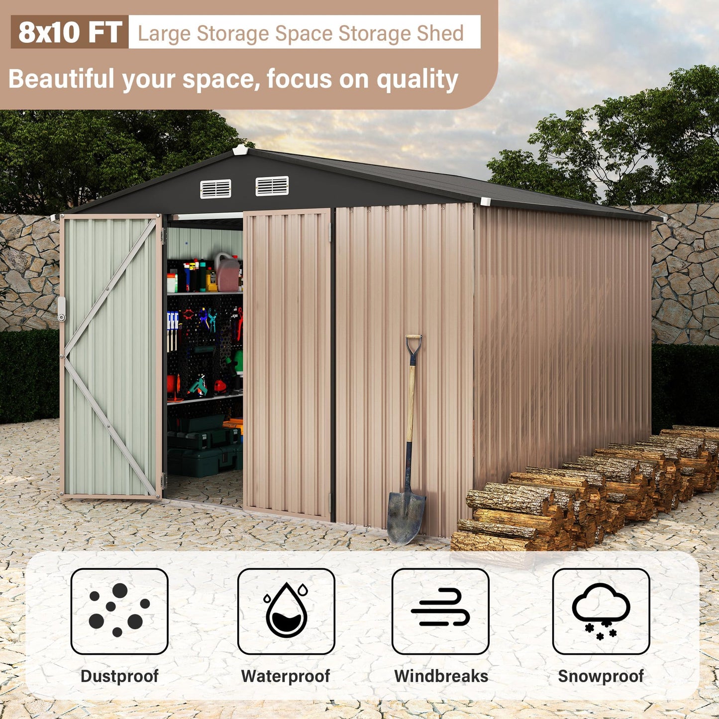 8X10 ft Outdoor Storage Shed, Galvanized Steel Metal Tool Shed with Secure Lockable Door & Air Ventilation System, Rust-Resistant Utility Shed for Garden, Backyard, Easy Assembly & All-Season Use