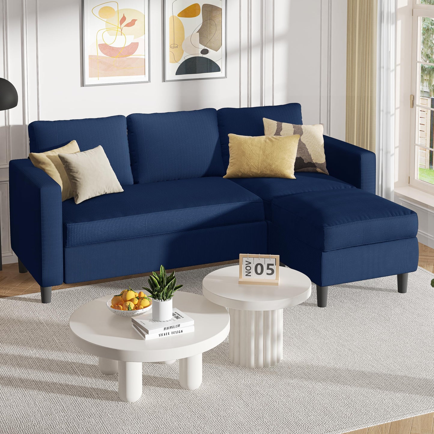 Shintenchi L Shaped Sectional Sofa Couch,Convertible Modular Sofas with Movable Ottoman,3-Seat Upholstered Corduroy Couch,Small Couches for Living Room,Apartment,Office(Blue)