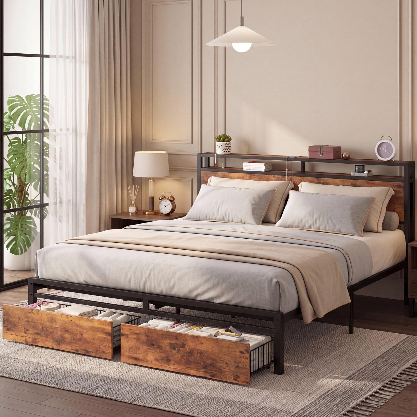 LIKIMIO King Size Bed Frame with Storage Headboard, Platform King Bed with 2 Drawers and Charging Station, Heavy-Duty Metal Slats, No Box Spring Needed, Easy Assembly, Retro Brown