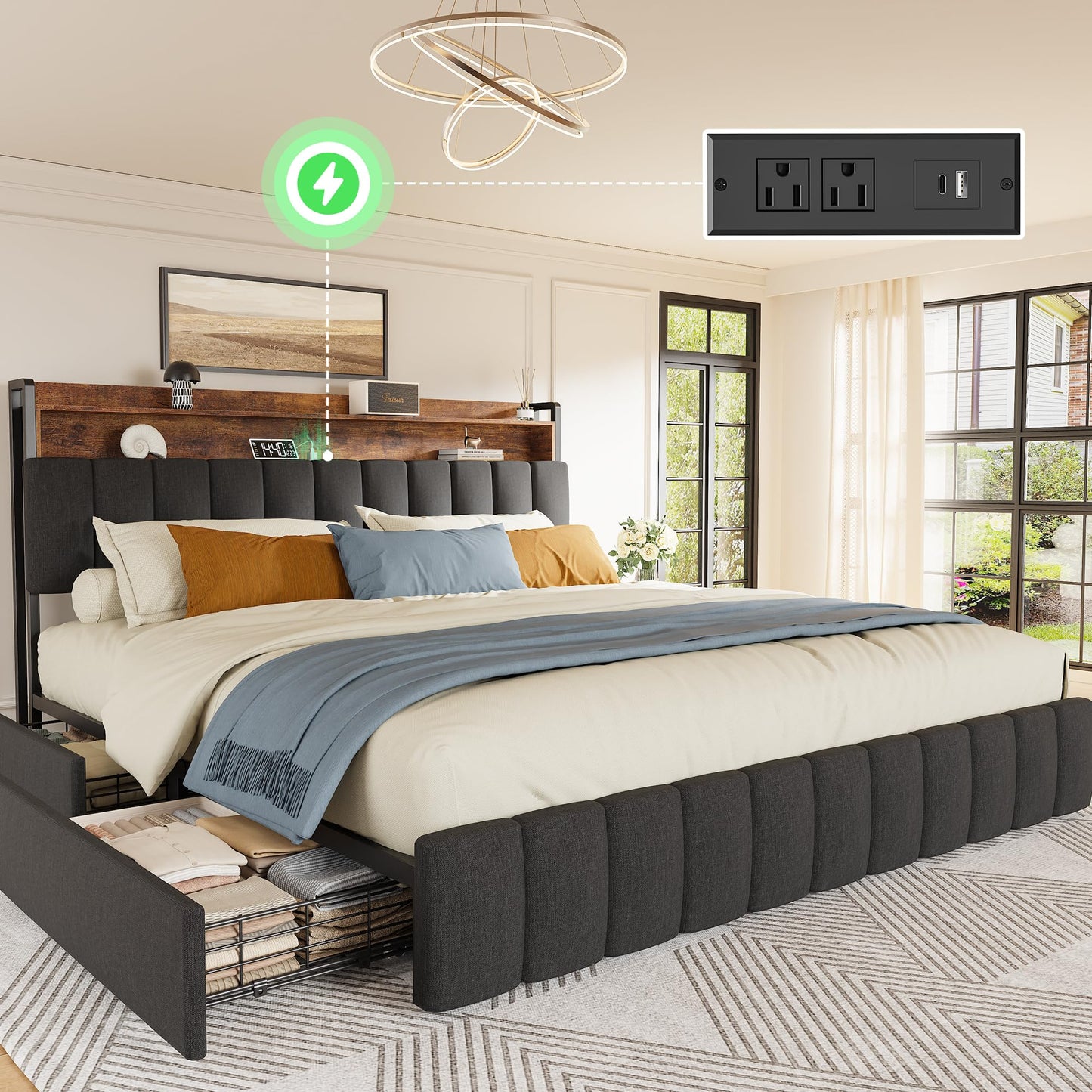 PRAISUN Bed Frame King Size with Upholstered Headboard & Charging Station, King Bed Frame with 4 Storage Drawers, 2-Tier Open Shelves, No Box Spring Needed, Slient Foam Strip, Easy Assembly, Black