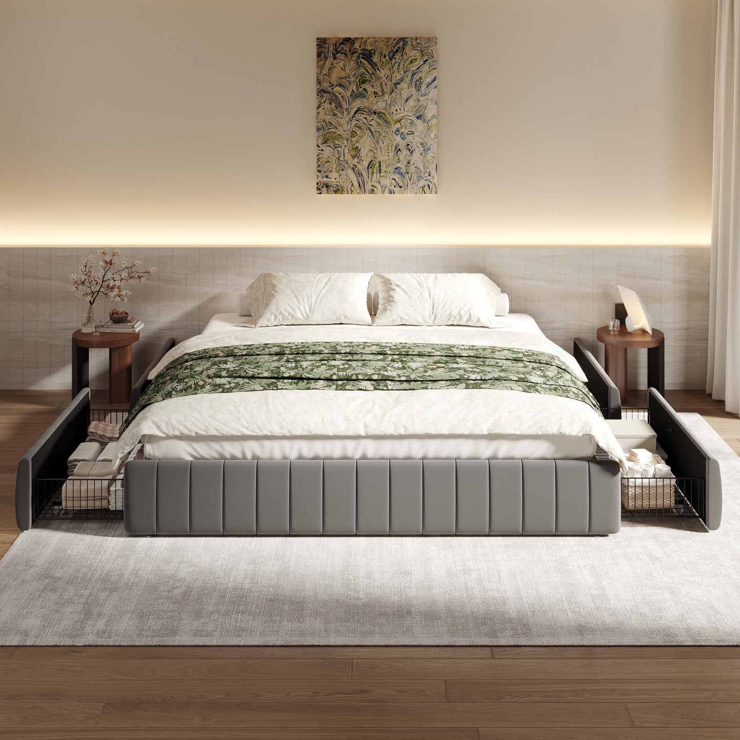 SHA CERLIN King Size Velvet Upholstered Platform Bed Frame with 4 Storage Drawers, Vertical Channel Tufted, Low Profile, Fits Standard Headboards, Wooden Slats Support, Easy Assembly, Grey