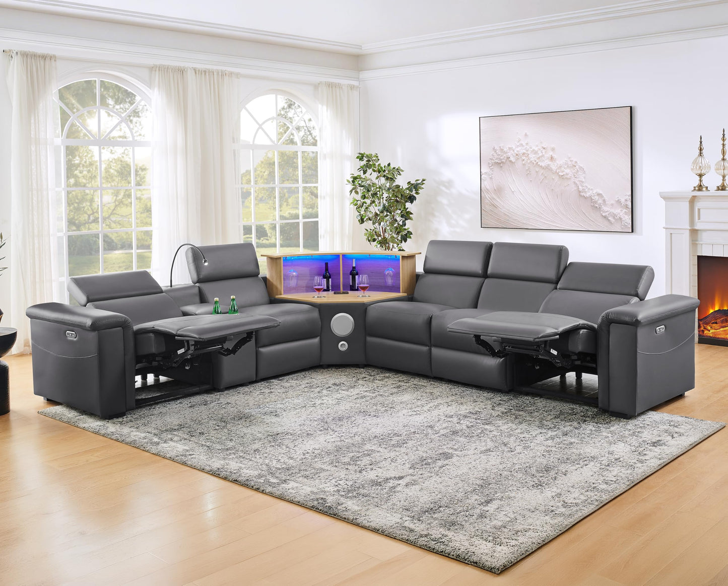 KEIKI 130" L-Shaped Air Leather Powered Reclining Sofa with Motorized Lift Cabinet & Multi Functional Console & Adjustable Backrest & Footrest, Electric Control 5-Seater Couch, for Living Room, Gray