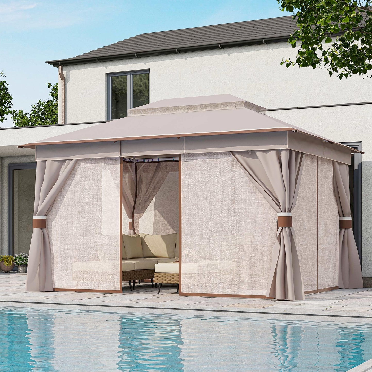 LAUSAINT HOME 10'x13' Outdoor Gazebo, Metal Frame Heavy Duty Patio Canopy Tent Shelter with Double Roofs, Mosquito Nettings and Privacy Screens for Backyard, Garden, Lawn, Classic Khaki