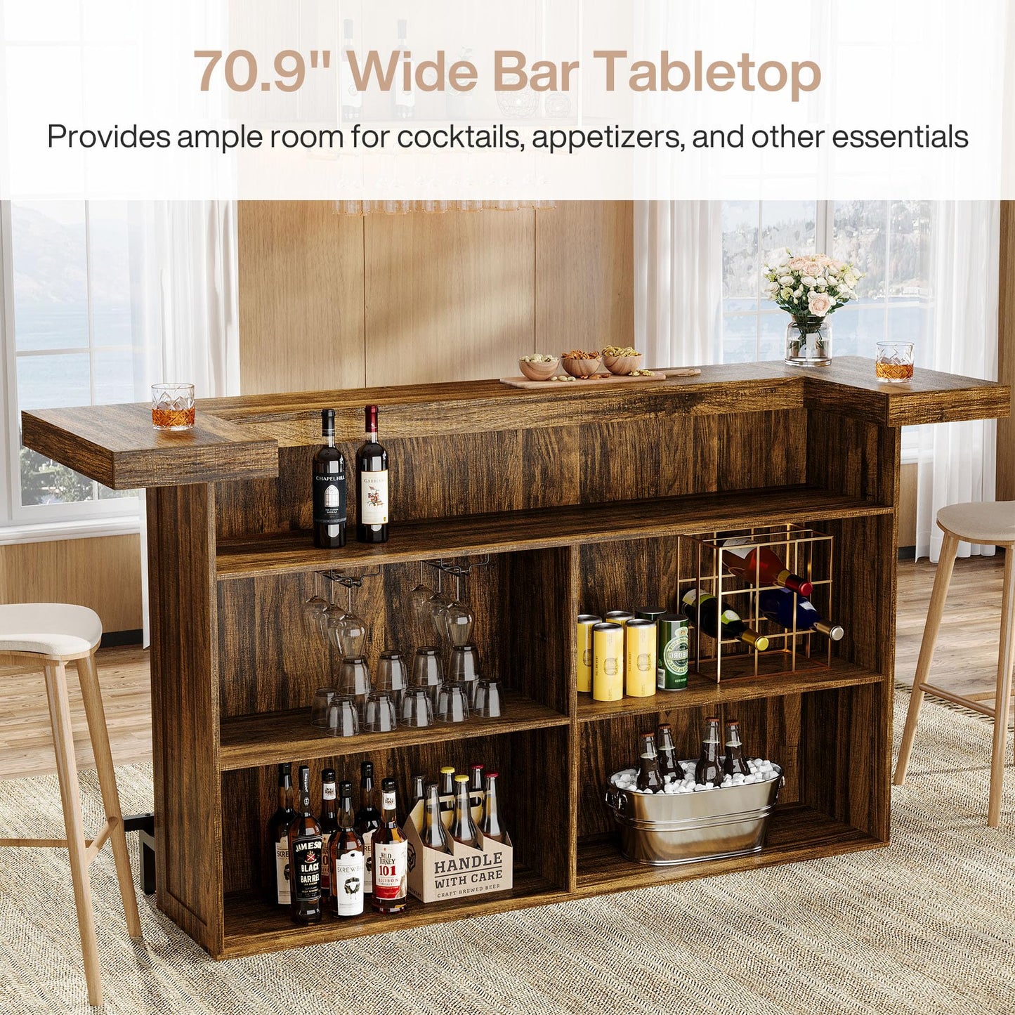 Tribesigns 4-Tier Bar Table, 70.9-Inch Large Wood Home Bar Unit with Wine Glass Holder and Black Footrest, Pub Table with Storage Shelves for Kitchen, Indoor, Brown